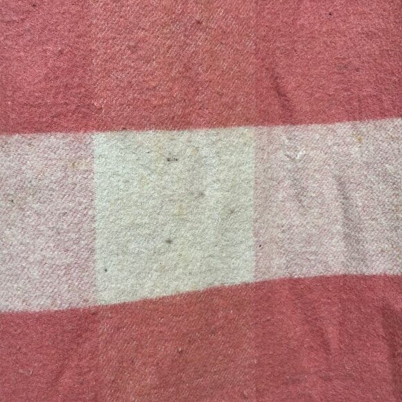 Vintage Pink & Cream Plaid Wool Camp Blanket Stripe Check Double Length 156 X 72 - Picture 3 of 9